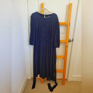 Lauren Ralph Lauren Polka Dot Midi Navy 3/4 Sleeve Belted Dress